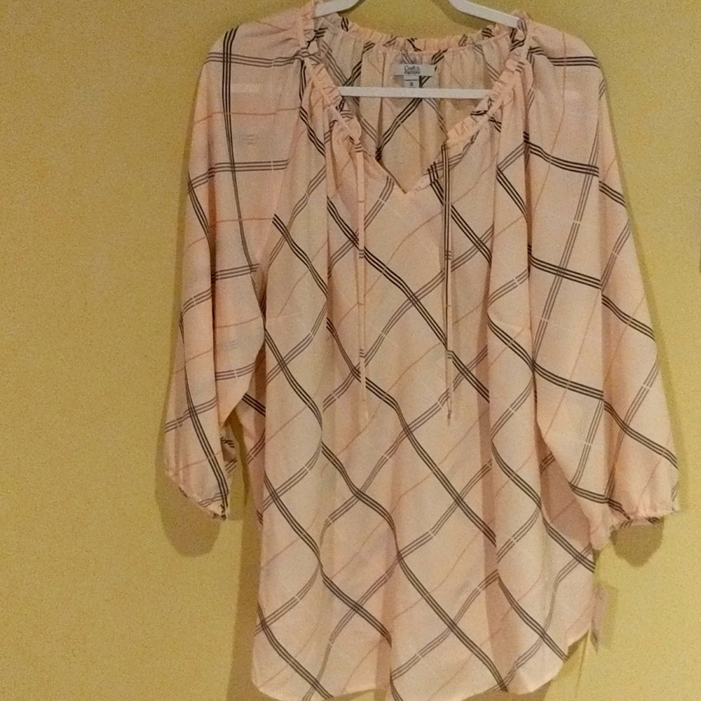 Croft & Barrow 3/4 sleeve Tie Neck Top Pink Plaid
